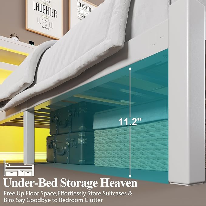 King Size Bed Frame with Storage Headboard, Industrial Platform Bed with Charging Station and LED Lights, Underbed Storage Space, No Box Spring Needed, Easy Assembly, Modern, White