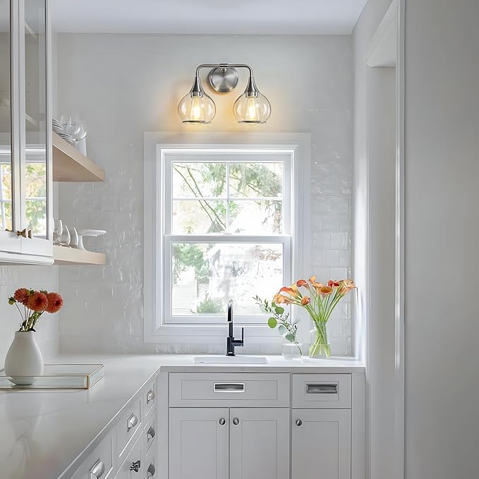 Brushed Nickel Bathroom Vanity Light 2 Lights Bathroom Light Fixtures Over Mirror with Clear Glass Shade 14 inch Wall Sconce Lighting Bath(Exclude E26 Bulb)