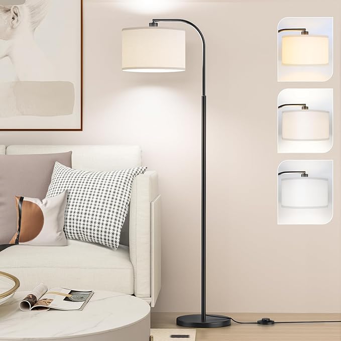 Arc Floor Lamps for Living Room with 3 Color Temperatures, Modern Floor Lamp Reading Light with 9W Bulb Included, Standing Lamp with Adjustable White Hanging ‎Lampshade for Bedroom Office(Black)