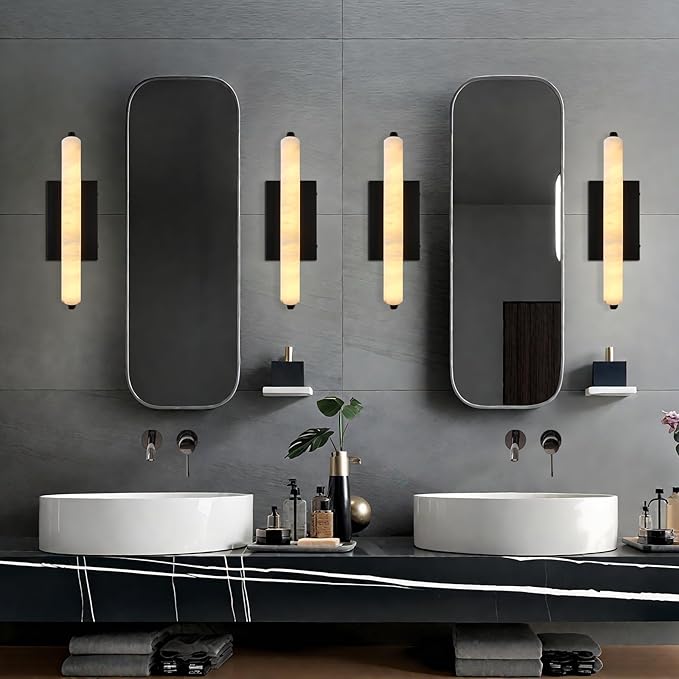 Alabaster Wall Sconces Set of Two, 15in Black Alabaster Sconce, Modern Spanish Natural Marble Sconces Lights, Rectangle Sconces for Bathroom Vanity Bedroom Living Room Staircases Hallway
