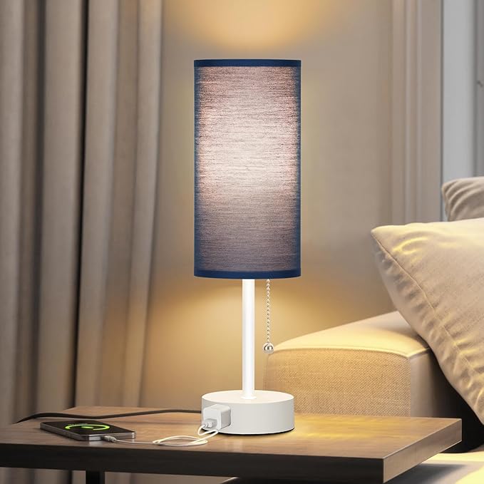 Dott Arts Table Lamp for Bedroom, 3-Color Bedside Lamps with Pull Chain, Bedroom Table Lamps for Nightstand,AC Outlet Small Lamp for Living Room, Bulb Included Blue