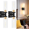 Black and Gold Wireless Battery Operated Wall Sconces Set of 2, Glass Rechargeable Wall Lamps with Remote, Cordless Battery Powered Decor Light Fixture for Bathroom Living room Bedroom Hallway