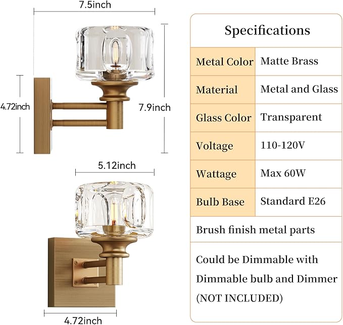 Vintage Brass Glass Wall Sconce Antique Crystal Vanity Light 1 Light Wall Lights for Bathroom(3.7 pounds)