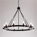 32 Inch Black Wagon Wheel Chandelier with Glass Shade, 10 Lights, Modern Farmhouse Style, Ideal for Dining Room, Kitchen, Entryways