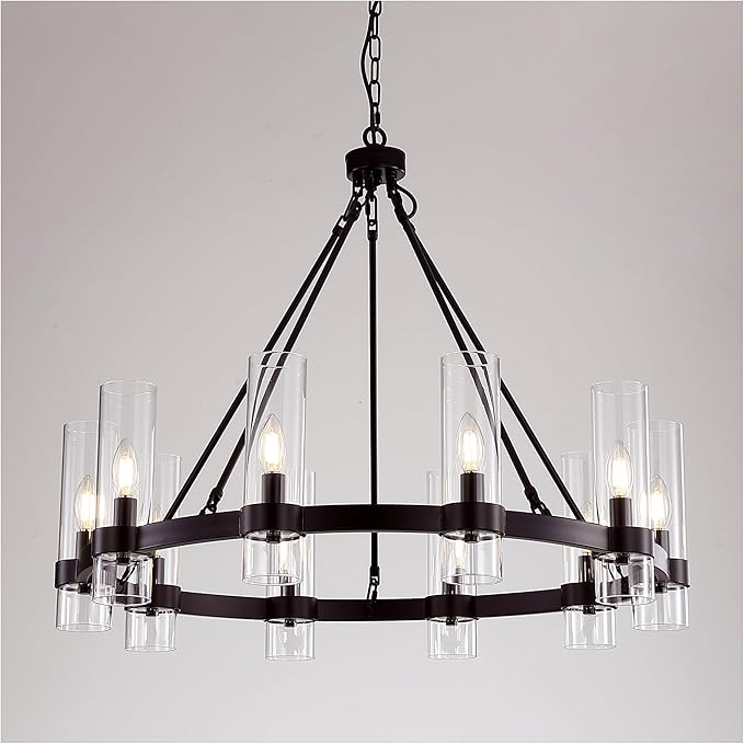 32 Inch Black Wagon Wheel Chandelier with Glass Shade, 10 Lights, Modern Farmhouse Style, Ideal for Dining Room, Kitchen, Entryways