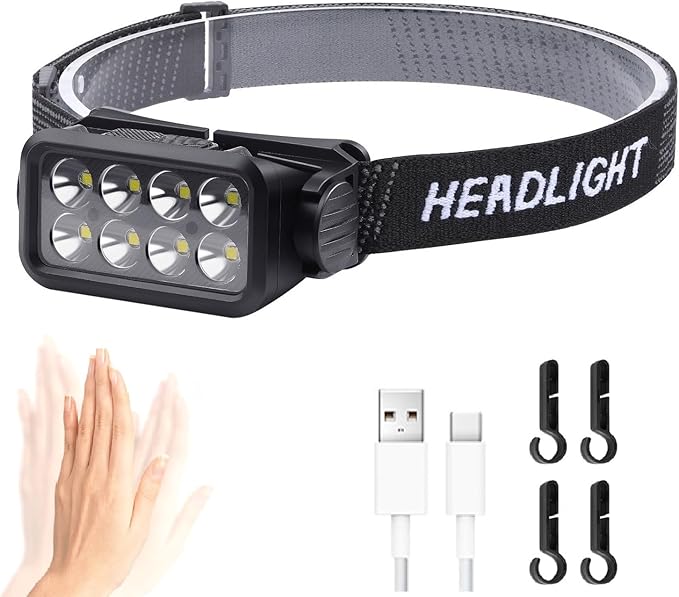 Bright Camping Headlamp Flashlight, 120° Adjustable White Light Headlight with Motion Sensor 5 Modes Type-C USB Rechargeable Head Lamp for Hiking, Running, Repairing, Fishing, Cycling