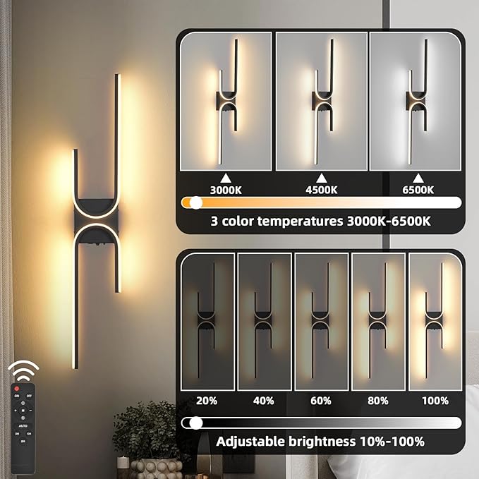 Battery Operated Wall Sconce with Remote Control, USB Rechargeable Wireless Wall Sconce Set of 2, LED Dimmable Wall lamp, 3 Color/Timer/Memory, Black Wall lights for Bedroom Living Room, 31.5 inch