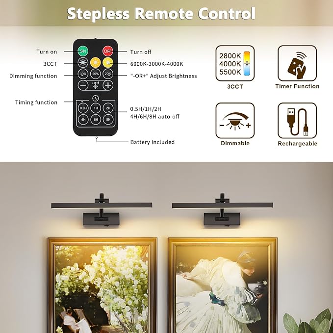 Wireless Picture Lights for Wall Battery Operated Art Lighting for Paintings Rechargeable Gallery Lights with Remote and Timer Cordless Painting Lights for Artwork, 16'' Inch 3CCT Dimmable, Black