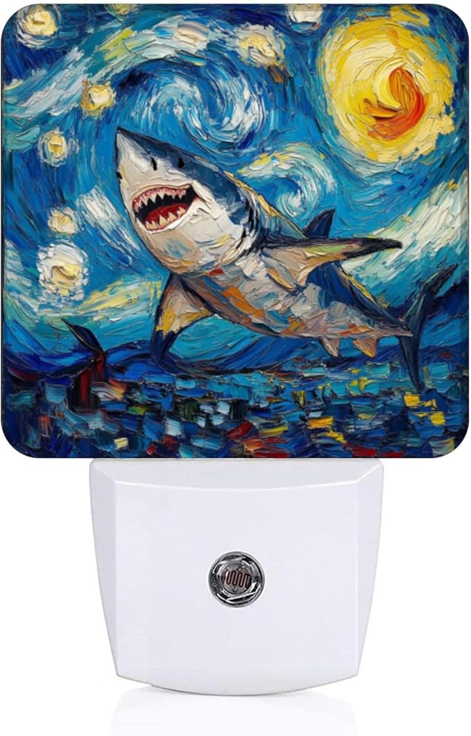 LED Night Lights Plug into Wall,Starry Night Swimming Great White Shark Decorative Night Lights Plug into Wall with Auto Light Sensor for Boys Girls Bedroom Decorative Nightlight Led Lamp