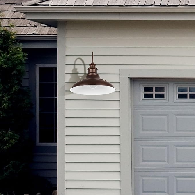 Outdoor Barn Light Fixtures, 16 Inch Large Dome Farmhouse Exterior Wall Mount Lights, Rustic Wall Sconces Indoor Wall Lighting, Industrial Bronze White Lanterns for Porch, 2 Pack