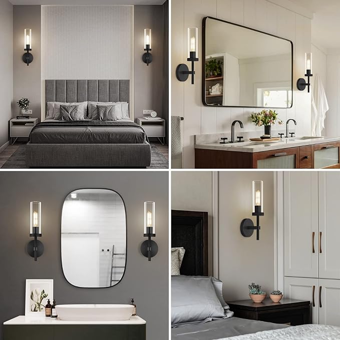 Knurled Wall Sconces, Black Wall Sconce Lights, 14" Black Bathroom Wall Sconces, Glass Linear Sconce Wall Lighting, Vanity Lights Bathroom Light Fixture Wall Lights for Living Room