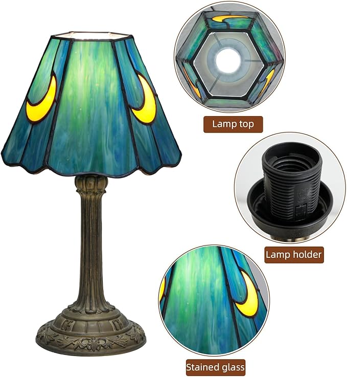 Tiffany Lamp - Sea Blue Moon Stained Glass Table Lamp 7x7x13 Inches - Sea Blue Moon Style Desk Reading Bedside Light - Bedroom & Living Room Decor
