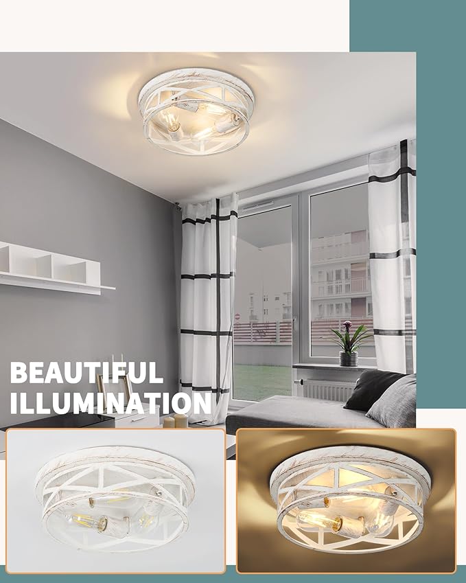 2 Pack Close to Ceiling Light Fixtures, 3-Lights Cage Flush Mount Ceiling Light, 13 Inch White and Gold Semi Flush Mount Ceiling Light for House Bedroom Laundry Hallway Kitchen