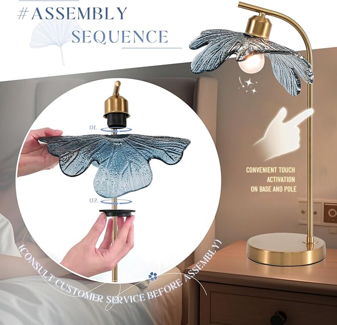 Gold Table lamp set of 2, Touch Table lamp with Blue Glass Flower Shade Mid Century Modern Lamps Bedside nightstand lamp Side Table Lamps Small Table lamp for Bedroom Living Room Office Farmhouse