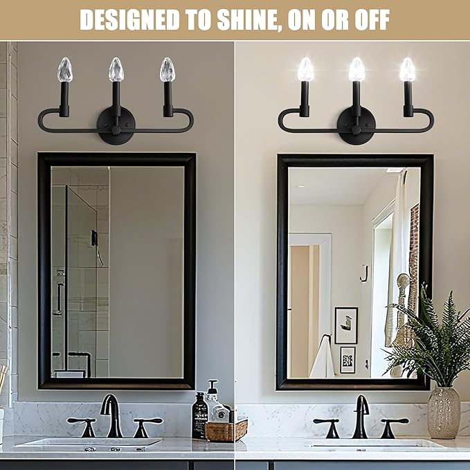 Bathroom Vanity Light, 3 Light Matte Black Vanity Lights with Crystal Bulbs, Crystal Bathrooms Wall Sconces, Bathroom Lighting Fixtures Over Mirror for Living Room Hallway (Includes Bulbs)