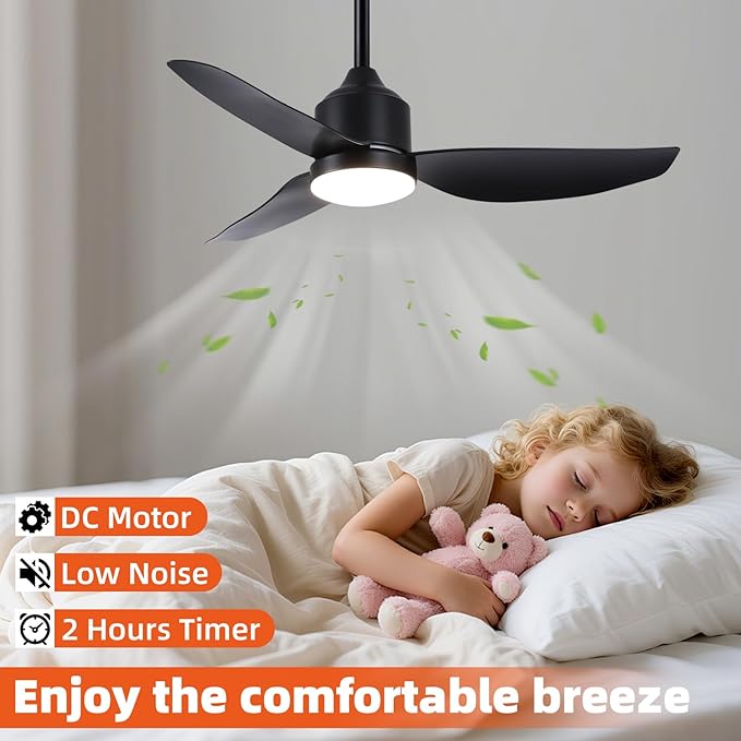 Outdoor Ceiling Fan with Light, 42 Inch Black Waterproof Outdoor Patio Fan with Remote Control, Reversible Quiet DC Motor, 3-Color Dimmable LED for Gazebo, Porch