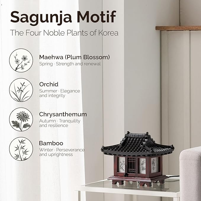 Traditional Korean Wood Lamp | Handmade Asian Oriental Table Lantern | Bedside Bedroom Accent Light | Unique Gift Idea | Pagoda Design (Brown) (Hanok)