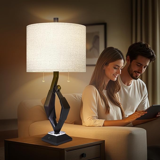 Scenekoy Sculptural Resin Table Lamp Set of 2 with USB Ports for Bedroom Living Room, 26” Black-Brown Dual Pull Chains Bedside Lamps, Nightstand Lamp for Home Room Decor (Bulbs Included)