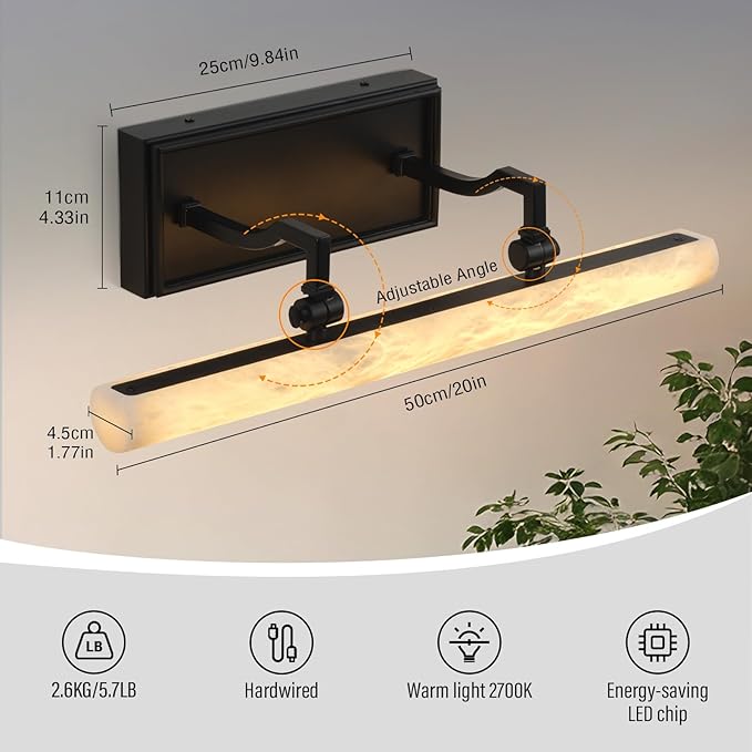 2-Pack 18" Alabaster Picture Light, Black Hardwired Wall Sconce Bathroom Mirror & Paintings, Adjustable Vanity Light Natural Alabaster LED Light Fixture for Hallway Bedroom Living Room