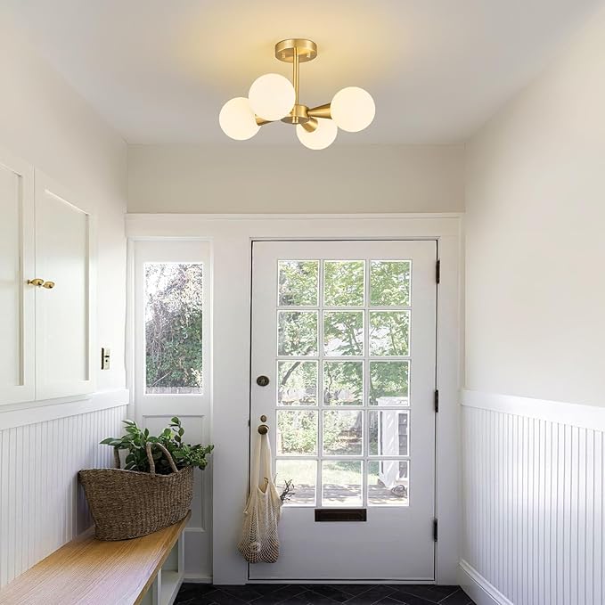 Mid Century Modern Ceiling Light with Milk White Glass lampshade Gold Semi Flush Mount Ceiling Light Fixture Sputnik Chandelier for Bedroom Living Room Dining Room Foyer Hallway(4-Lights)