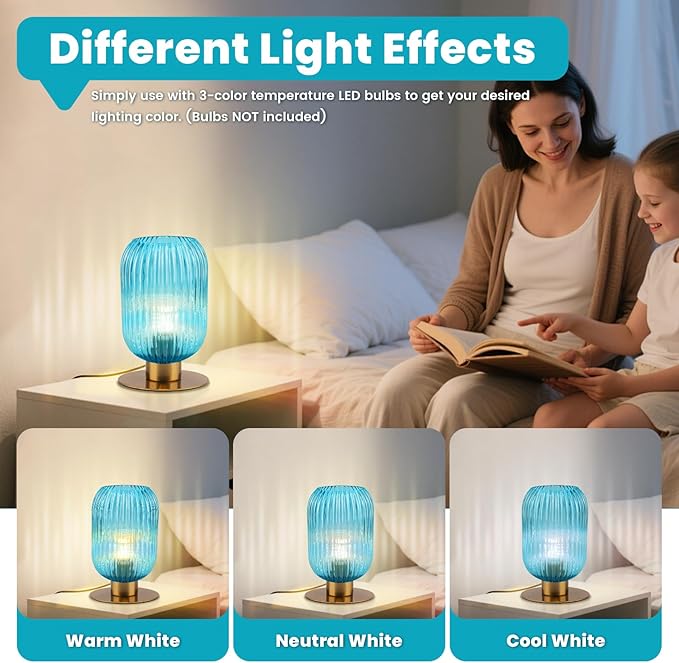 Small Table Lamp for Bedroom, Blue Bedside Lamp Mini Nightstand Lamp with On/Off Switch, Elegant Ribbed Glass Table Lamp Mid Century Bedside Table Lamp Gold Desk Lamp for Living Room Office