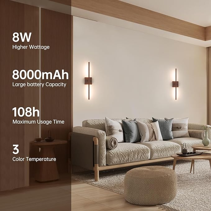 Battery Operated Wall Sconce Set of 2, 8000mAh Rechargeable Wall Sconces, 3000K-6000K Dimmable, 350°Rotate, Indoor Wall Lights for Bedroom Living Room Bathroom, Black Walnut, 23.6 Inch