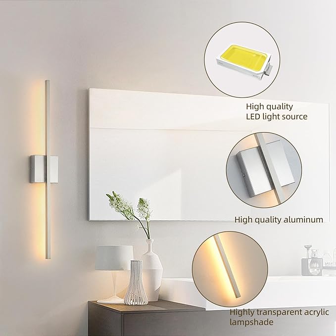 Wall Sconces Set of Two,LED Hardwired Dimmable Wall Sconce,Nickel Bedroom Sconces Set of 2 for Bathroom, Living Room, Bedroom, Hardwired 3000K 28 Inch (2 Pack)