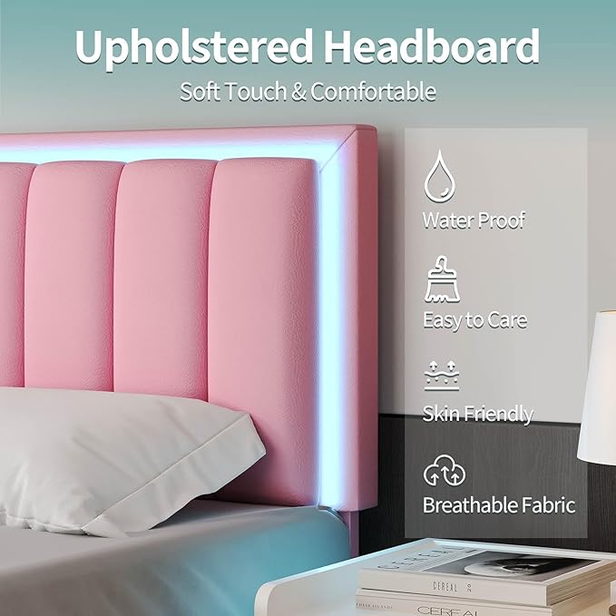 Full Size Bed Frame Pink, Upholstered Bed Frame Full with Headboard and LED Lights, Faux Leather Upholstered, Heavy Duty Wood Slats Support, Noise-Free, No Box Spring Needed, Easy Assembly, Pink