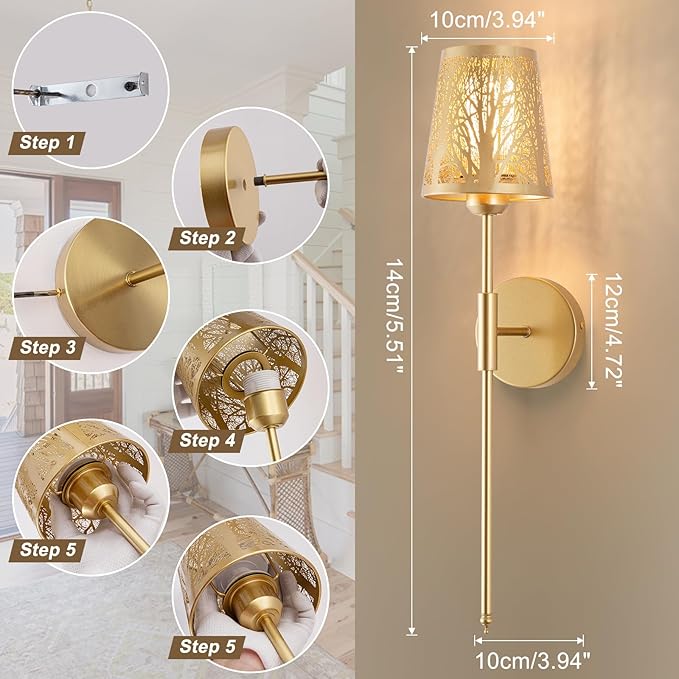 Rechargeable Wall Sconce, Battery Operated Wall Sconce Set of 2, Not Hardwired Wall Lights with Metal Shade, Gold Wireless RGB Wall Lights with Remote for Living Room Corridor Bedroom etc
