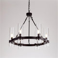 22 Inch Black Wagon Wheel Chandelier with Glass Shade, 6 Lights, Modern Farmhouse Style, Ideal for Dining Room, Kitchen, Entryways