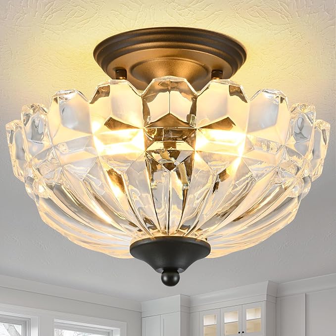 Semi Flush Mount Ceiling Light, 3-Light Kitchen Ceiling Lighting Fixtures with Clear Glass Lampshade, Black Modern Chandelier for Living Room Bedroom Hallway