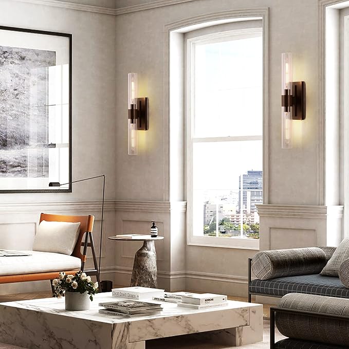 Bathroom Black Vanity Wall Sconces, 2-Light Glass Tube Wall Sconces, 24" Sconces Wall Lighting, Horizontal or Vertical Linear Vanity Light,Bathroom Vanity Light,E26 Bulb Included