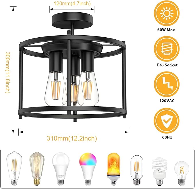 Farmhouse Semi Flush Mount Ceiling Light Fixture Black Industrial Kitchen Ceiling Light Rustic Vintage Ceiling Mount 3 Lights Chandelier Lighting for Dining Room Hallway Entryway Bedroom Living Room