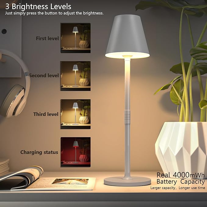 LED CordlessTable Lamp,4000mAh Rechargeable Battery Desk lamp,3 Level Brightness Beside Night Light, Minimalist Design, for Couple Dinner/Coffee Table/Restaurant/Bedroom(White 4PACK)