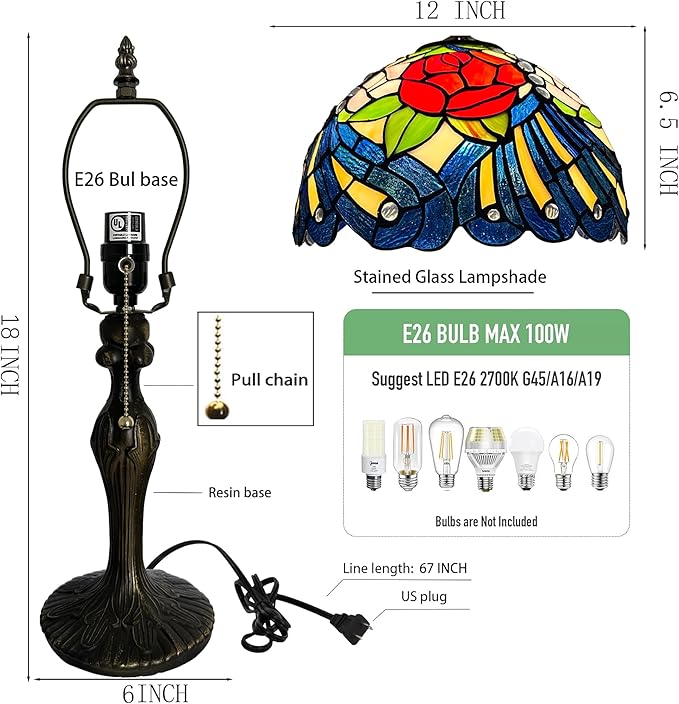 Tiffany Lamp Stained Glass Table Lamp 12” x 19” Rose Feather Style Decorative Lamp Bedside Reading Lamp for Desk Living Room Bedroom Office Study Light Home Decor Gift