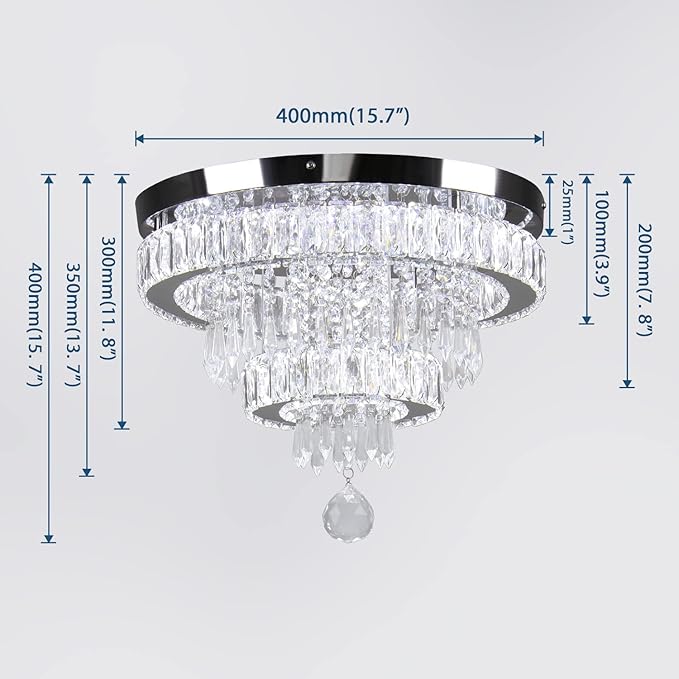 Finktonglan 16" Modern Crystal Chandelier, 2 Rings LED Crystal Ceiling Light Semi Flush Mount Chandelier Ceiling Light for Bedrooms Living Room Dining Room (6500K Cool White)