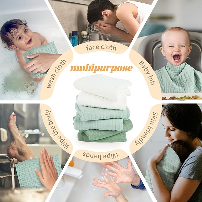 Baby Burp Cloth 100% Cotton Newborn Cotton Muslin Burp Cloth 10x20 inches (White & Green 6 Pieces)
