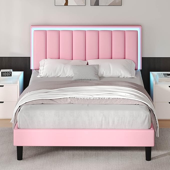 Full Size Bed Frame Pink, Upholstered Bed Frame Full with Headboard and LED Lights, Faux Leather Upholstered, Heavy Duty Wood Slats Support, Noise-Free, No Box Spring Needed, Easy Assembly, Pink