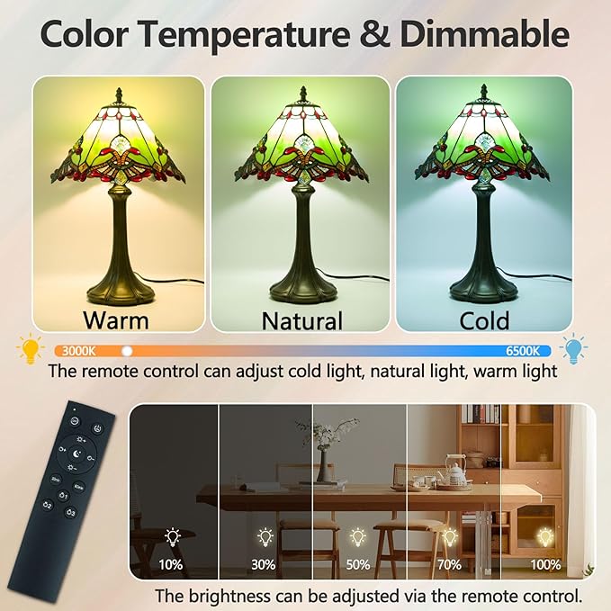 Tiffany Style Table Lamp, Small Stained Glass Lamp for Bedside, Bedroom, Nightstand, Living Room, 12 Inch Mini Vintage Light Included E26 Bulbs with Remote Control (Green Umbrella)
