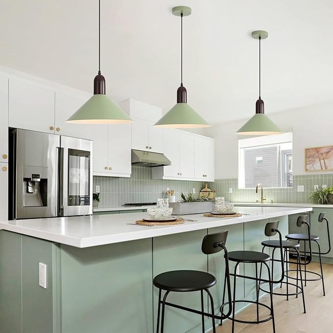 Modern Cone Pendant Lights Kitchen Island- Adjustable Hanging Lamp with Metal Shade & White Inner Finish- Single Head Ceiling Pendant Light for Dining Living Entryway Shop (Green-1 Pack)