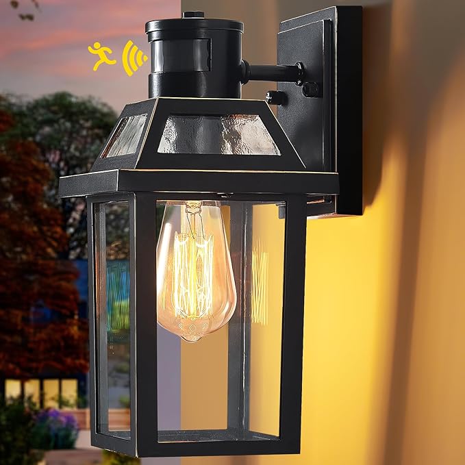 Motion Sensor Outdoor Wall Lights, Porch Light Outdoor 3 Lighting Modes, Dusk to Dawn Exterior Light Fixture, Waterproof, Outside Lights for House Front Door Patio Garage 1 Pack (Black)