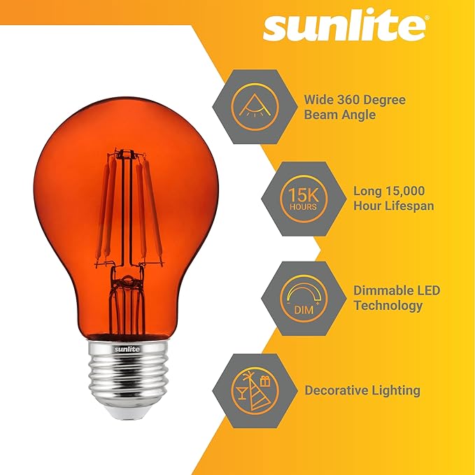 Sunlite 40944 LED Colored Filament A19 Light Bulb, 4.5 Watts, Medium E26 Base, 120 Volts, Transparent Orange, Dimmable, 320 Degree Beam Angle, UL Listed, 6 Count