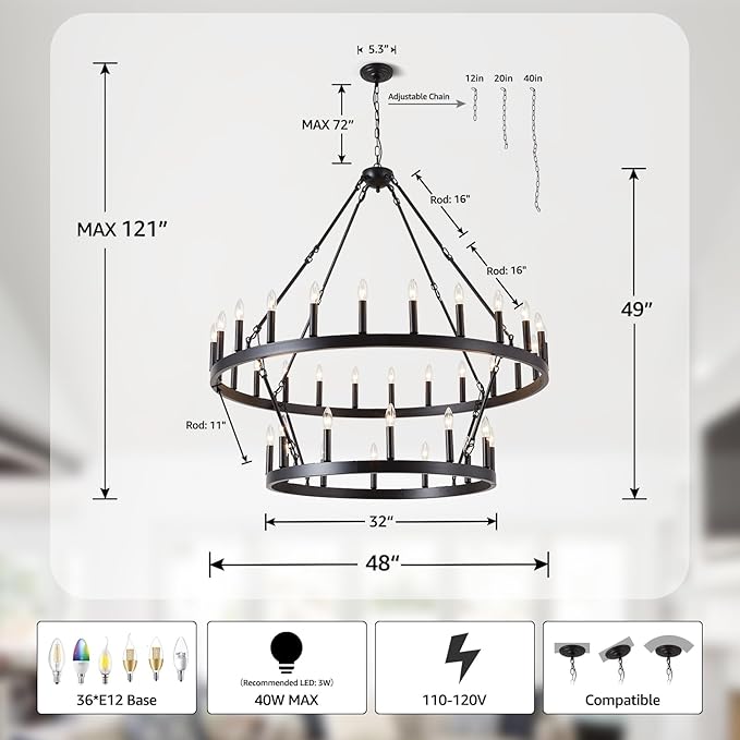 Black Wagon Wheel Chandelier 2 Tier 36-Light, 48-Inch Large Farmhouse Industrial Chandelier Round Rustic Pendant Light Fixture for High Ceilings Foyer, Entryway, Dining Room, E12