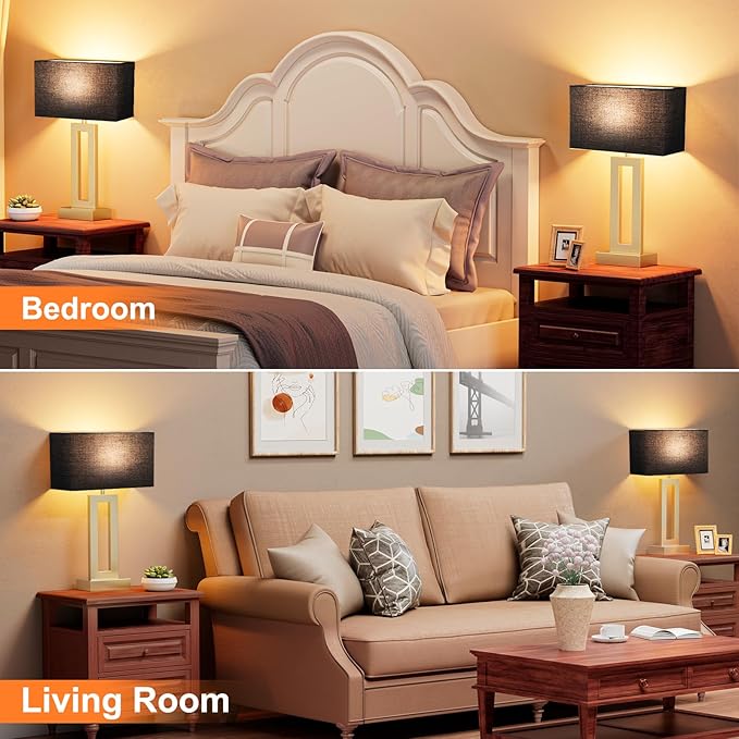 Seealle Nightstand Table Lamps for Bedrooms Set of 2 - Touch Bedside Lamp with USB C+A, 3 Way Dimmable Living Room Lamps for End Tables Set of 2(Black&Gold)