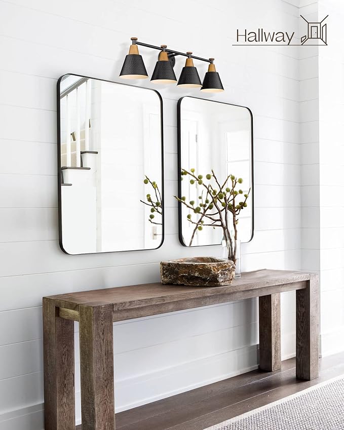 FEMILA Bathroom Vanity Light, 4-Lights Bathroom Light Fixtures Over Mirror, Modern Wall Mounted Lamp, Hammered Metal Shade, 4FG59B-4W BK