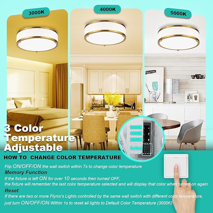 12.5 Inch LED Flush Mount Ceiling Light Fixture, 26W, Modern Ceiling Light, 3 Color Adjustable 3000K/4000K/5000K, Dimmable Ceiling Lamp for Bedroom Hallway Bathroom Kitchen (White Gold)