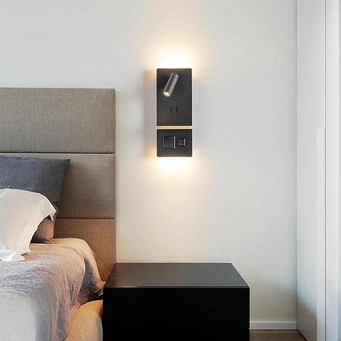 Swing LED Wall Sconce Plug in Cord for Bedroom, Modern 3-light Wall Light fixture with Shelf, charging port and Scoket for Living Room Reading Bedside, Modern Night Light Wall Decor, Black
