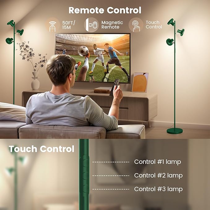 36W LED Tree Floor Lamp, Modern Dimmable Standing Lamp with Remote & Touch Control, 4 Color Temperatures, 3 Rotatable LED Light Floor Lamps for Living Room, Bedroom, Office