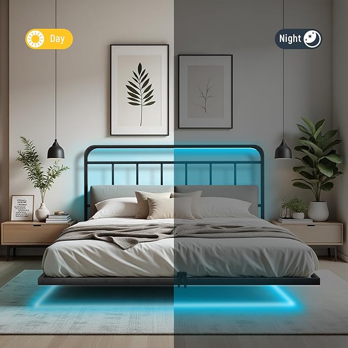 Floating Full Size Platform Bed Frame with LED Lights & Charging Station - Includes Powered Screwdriver for Assembly, Mattress Fasteners & Corner Pads, Hardened Steel