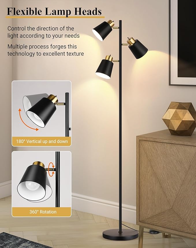 QiMH Tree Floor Lamps for Living Room, 67" Modern Standing Floor Lamp with 3 LED Bulb, Industrial Tall Lamp Reading Lighting for Bedroom Study Office Decor, 3 Rotatable Light Heads, Black Gold